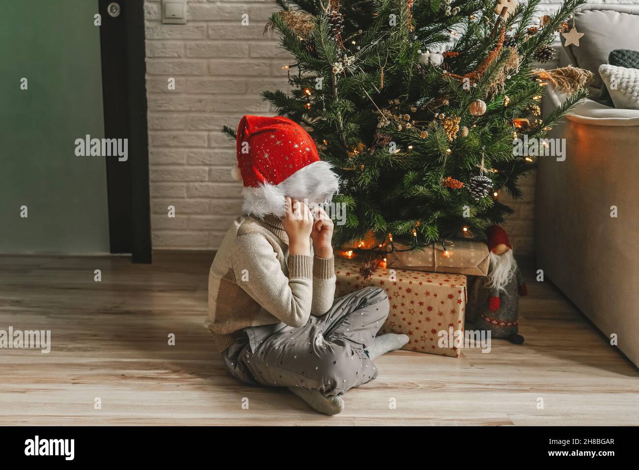 Joyeux petit garçon en chapeau de Noël et arbre de Noël, décoration naturelle avec fleurs sèches.Concept Noël et nouvel an. Banque D'Images