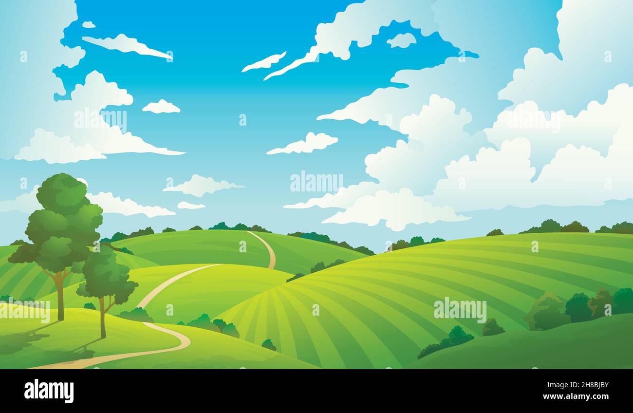 Paysage d'été.Nature collines champs bleu ciel nuages soleil campagne.Dessin animé arbre vert et herbe terre rurale. Illustration de Vecteur