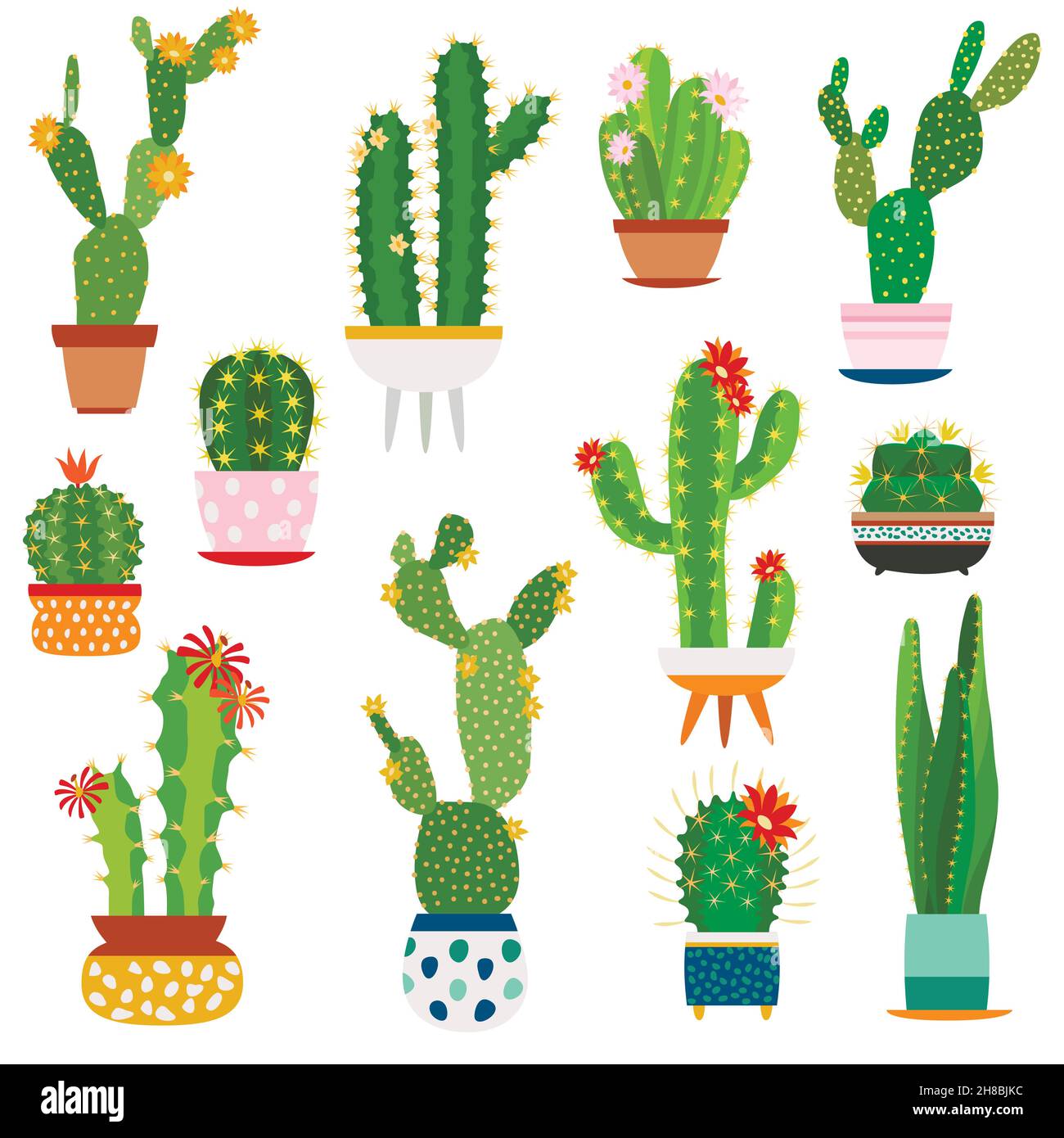 Pots de cactus.Accueil plantes cactus fleurs en pot céramique plante succulente, cactus avec jardin de la flore de pickles Illustration de Vecteur
