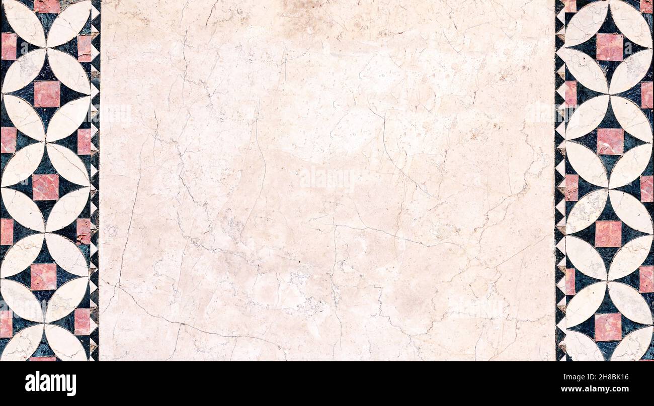 Arrière-plan vertical ou horizontal avec mosaïque décorative ancienne sur marbre.Bannière horizontale avec décoration décorative en pierre.Modèle de maquette.Copie s Banque D'Images