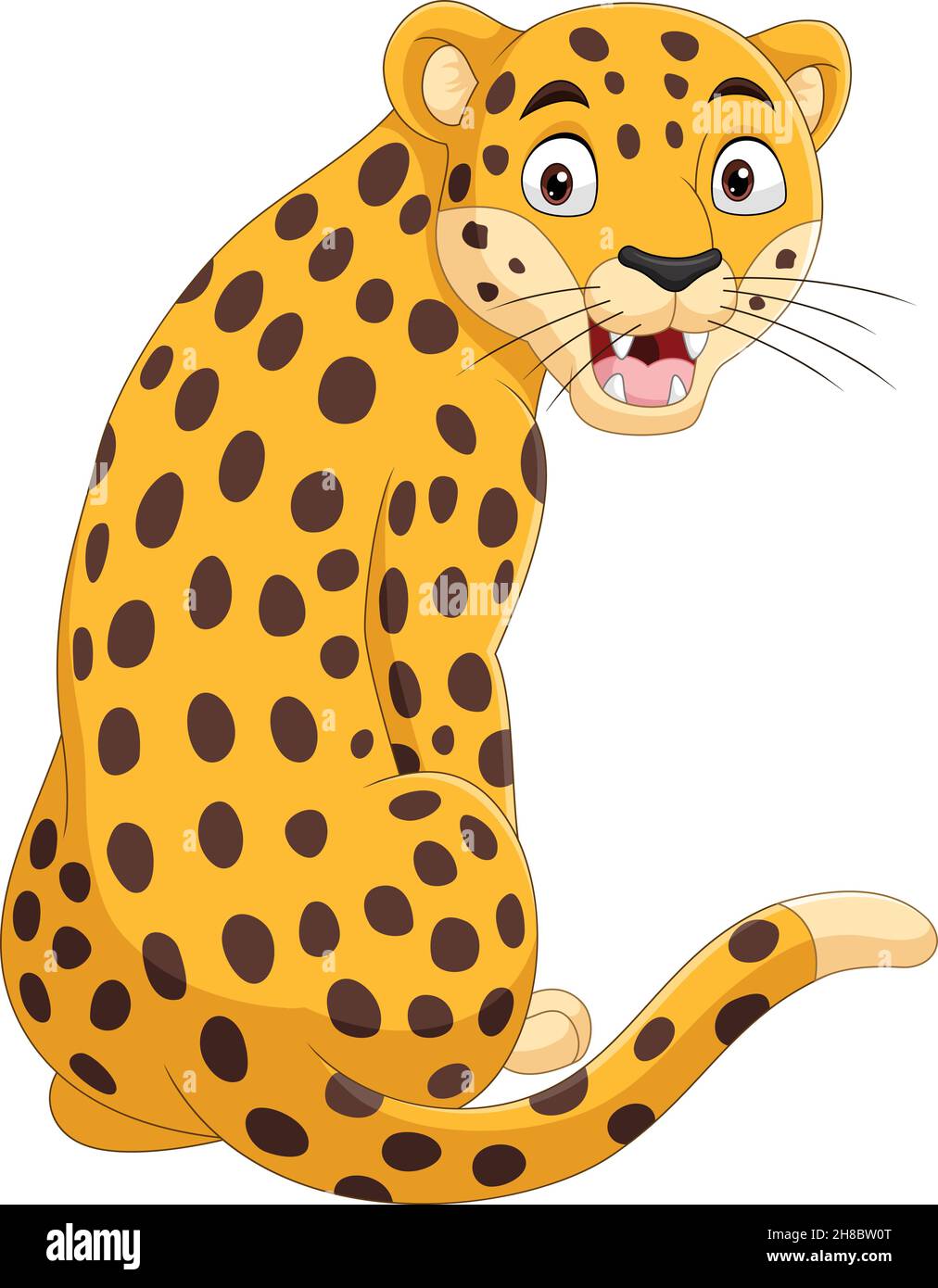 Dessin animé léopard drôle assis et rugissant Illustration de Vecteur