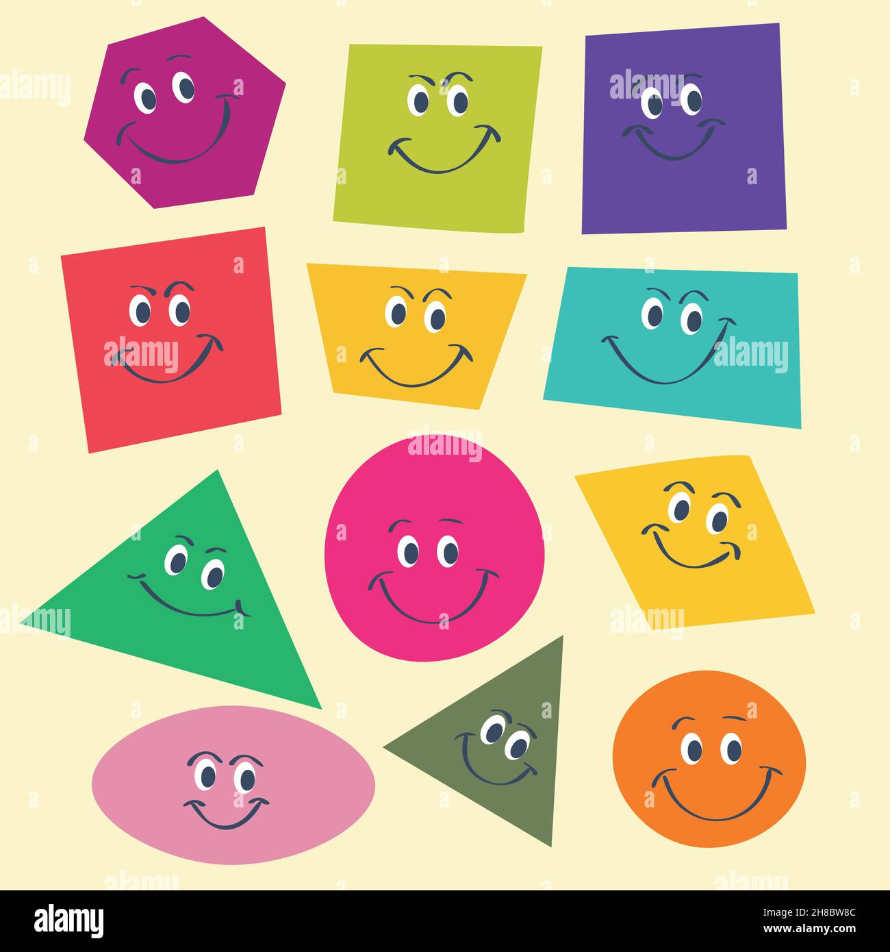 Grand ensemble de formes géométriques colorées avec diverses émotions joyeuses. Illustration de Vecteur