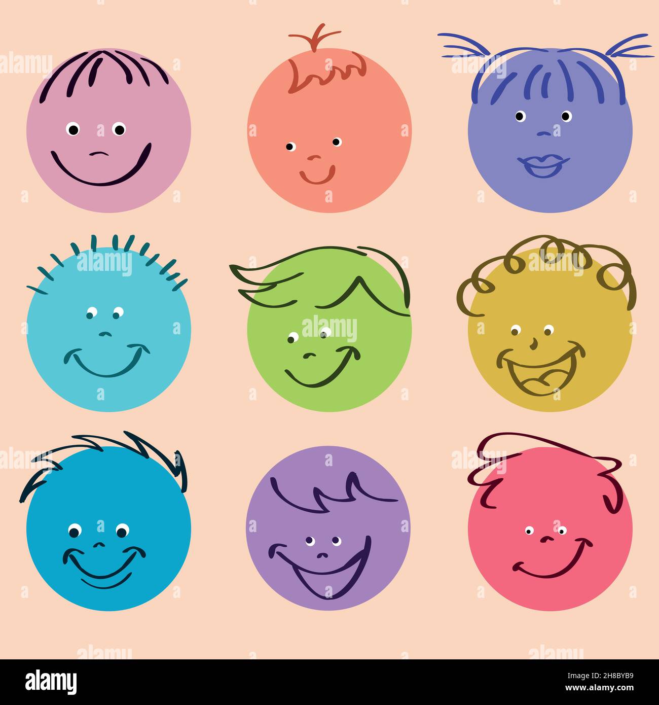 Grand ensemble de visages comiques colorés avec diverses émotions joyeuses. Illustration de Vecteur