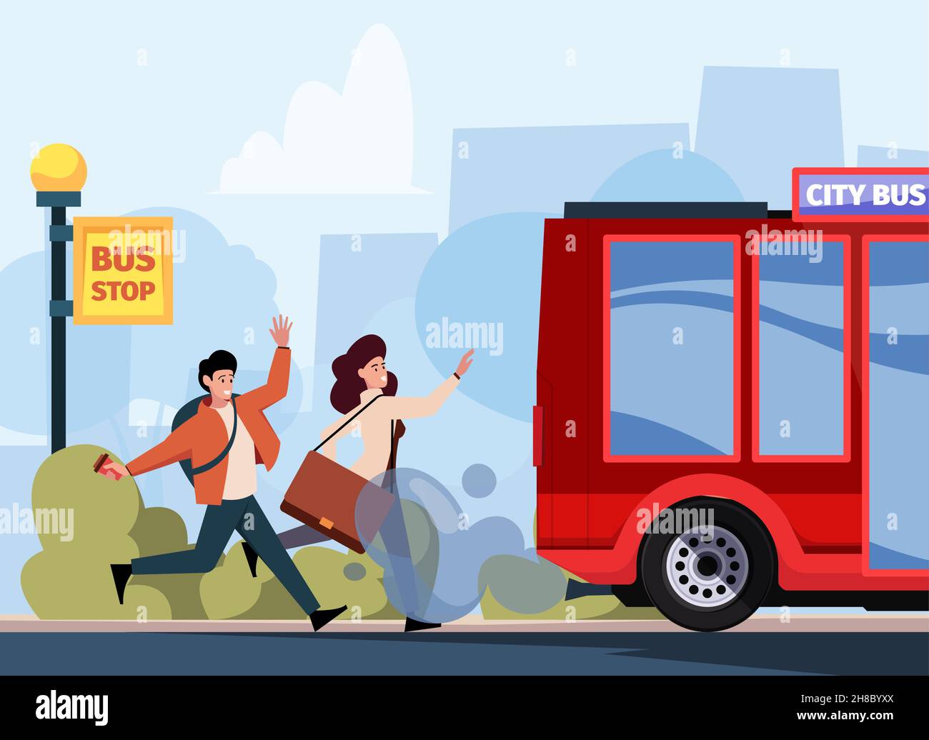 Tard pour le bus.Les gens d'affaires courant arrêter les transports urbains obtenir taxi ou bus Rush style de vie garish vecteur dessin animé arrière-plan Illustration de Vecteur