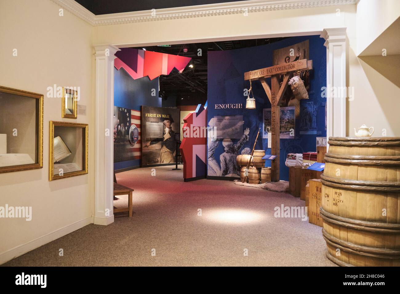 Une exposition sur le Boston Tea Party et la prochaine guerre d'indépendance contre les Britanniques.À la maison du Président George Washington, Mount Vernon, Banque D'Images