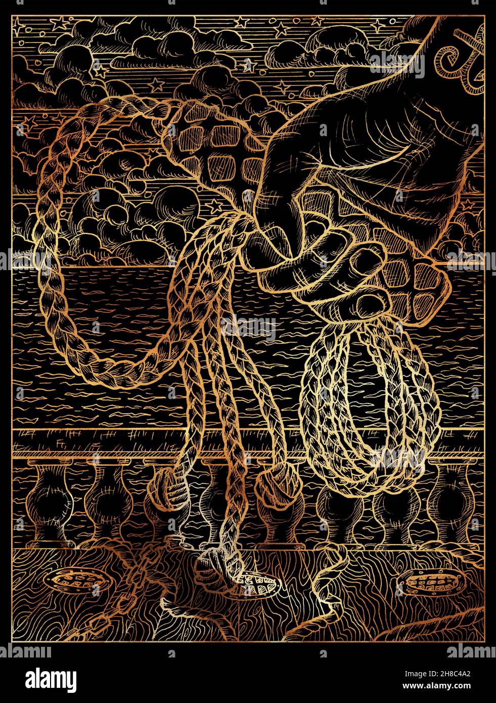 Illustration en noir et or avec main tenant le fouet contre le fond du pont du navire, des cordes et des vagues de mer.Dessins vintage, concept marin, colorin Banque D'Images