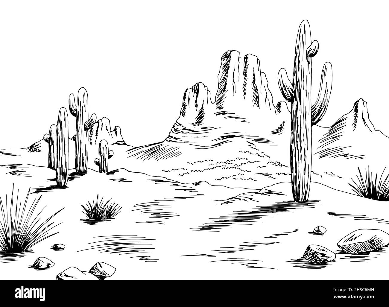 Prairie graphique noir blanc désert paysage dessin illustration vecteur Illustration de Vecteur