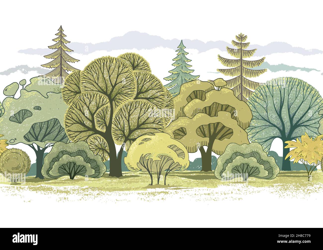 La forêt peinte avec différents types d'arbres est très détaillée. Illustration de Vecteur