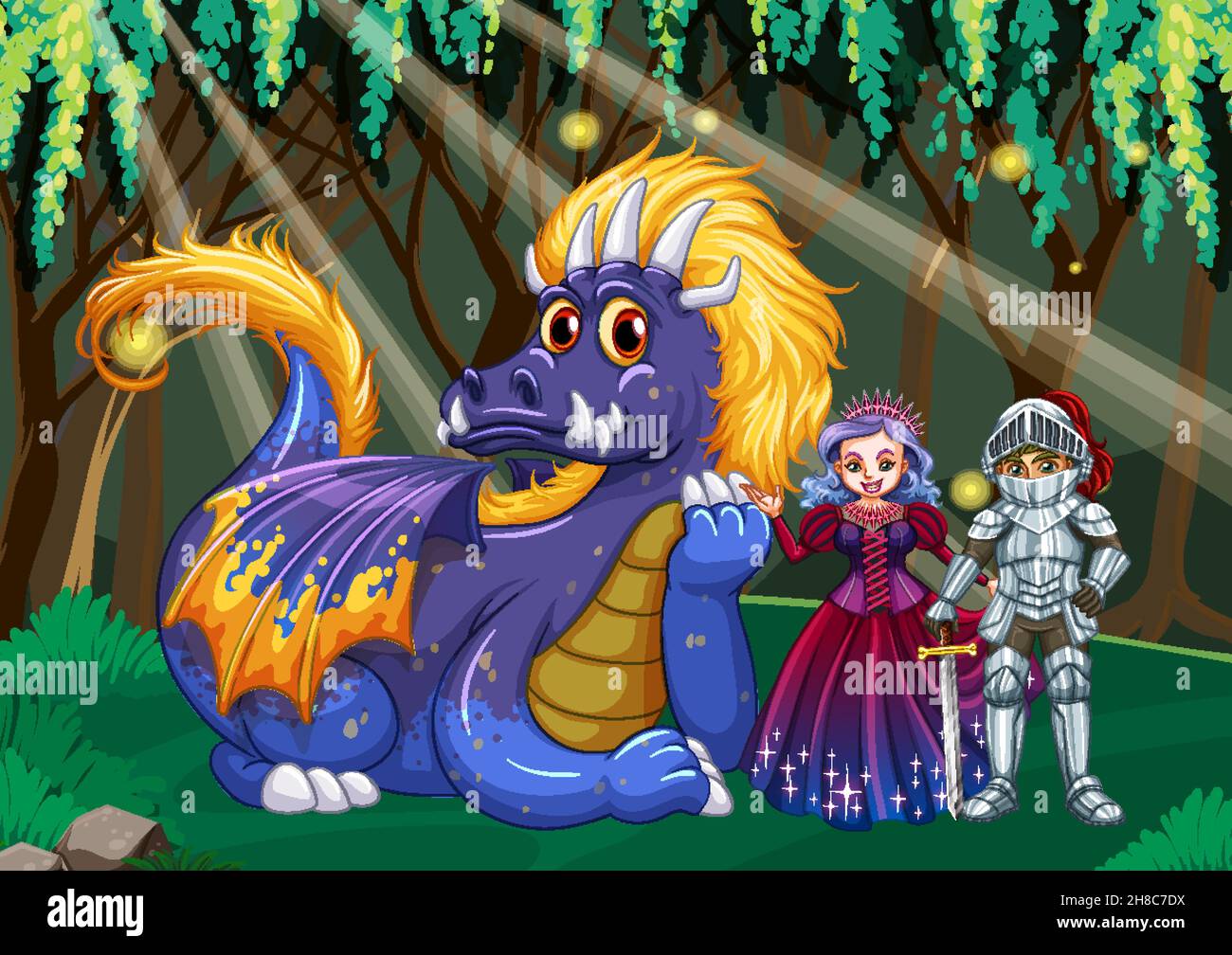 Dragon et chevalier dans une illustration de fond de forêt enchantée Illustration de Vecteur