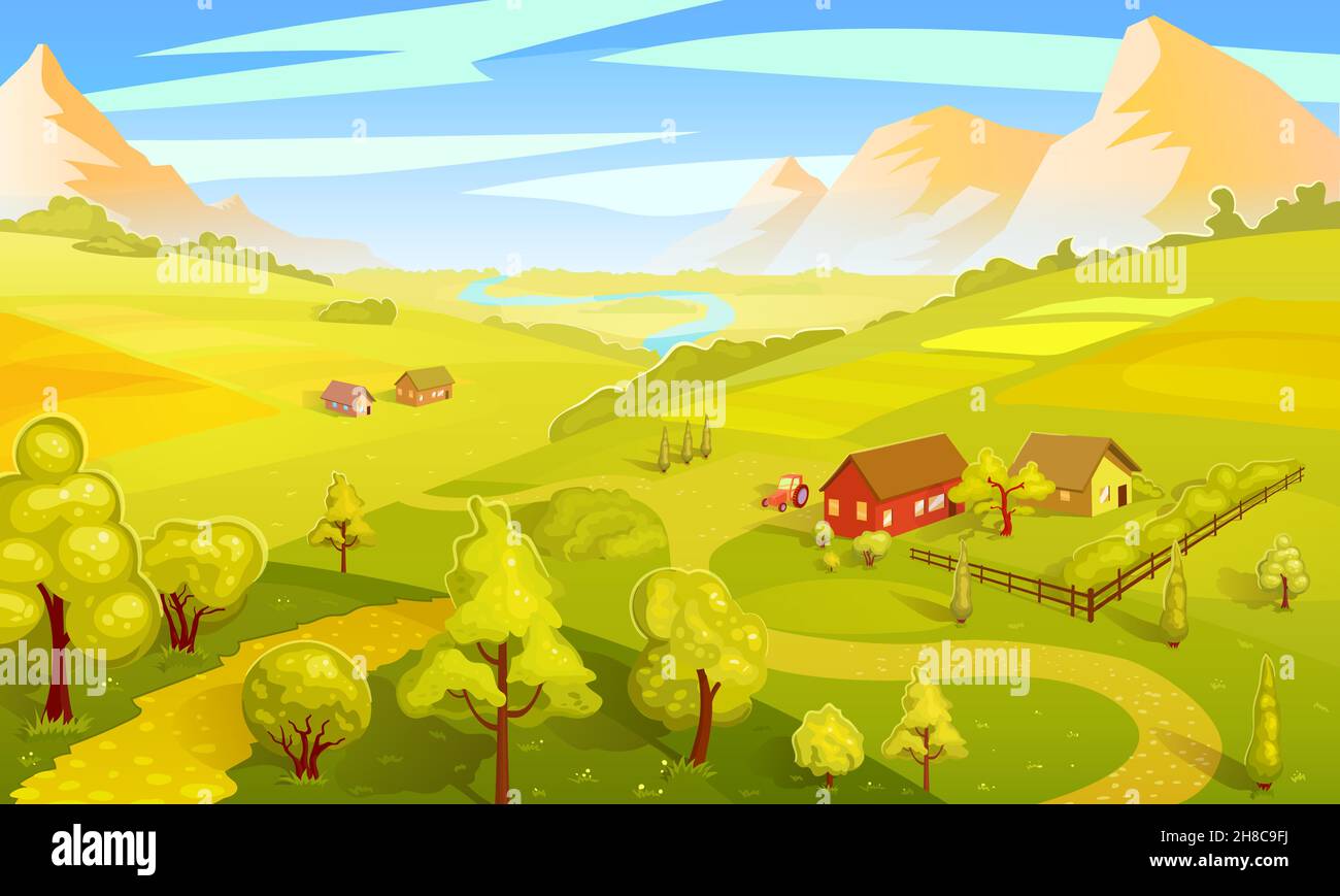Modèle de paysage d'été coloré avec belle ferme de champ vert d'arbre illustration vectorielle de la rivière et des montagnes Illustration de Vecteur