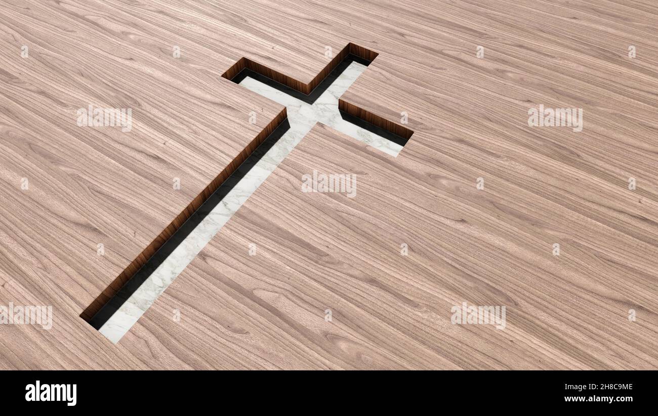 Concept ou concept de croix de marbre blanc sur un fond de bois naturel ou de terrasse en bois. métaphore de l'illustration 3d pour Dieu, Christ, religieux, foi, Saint Banque D'Images