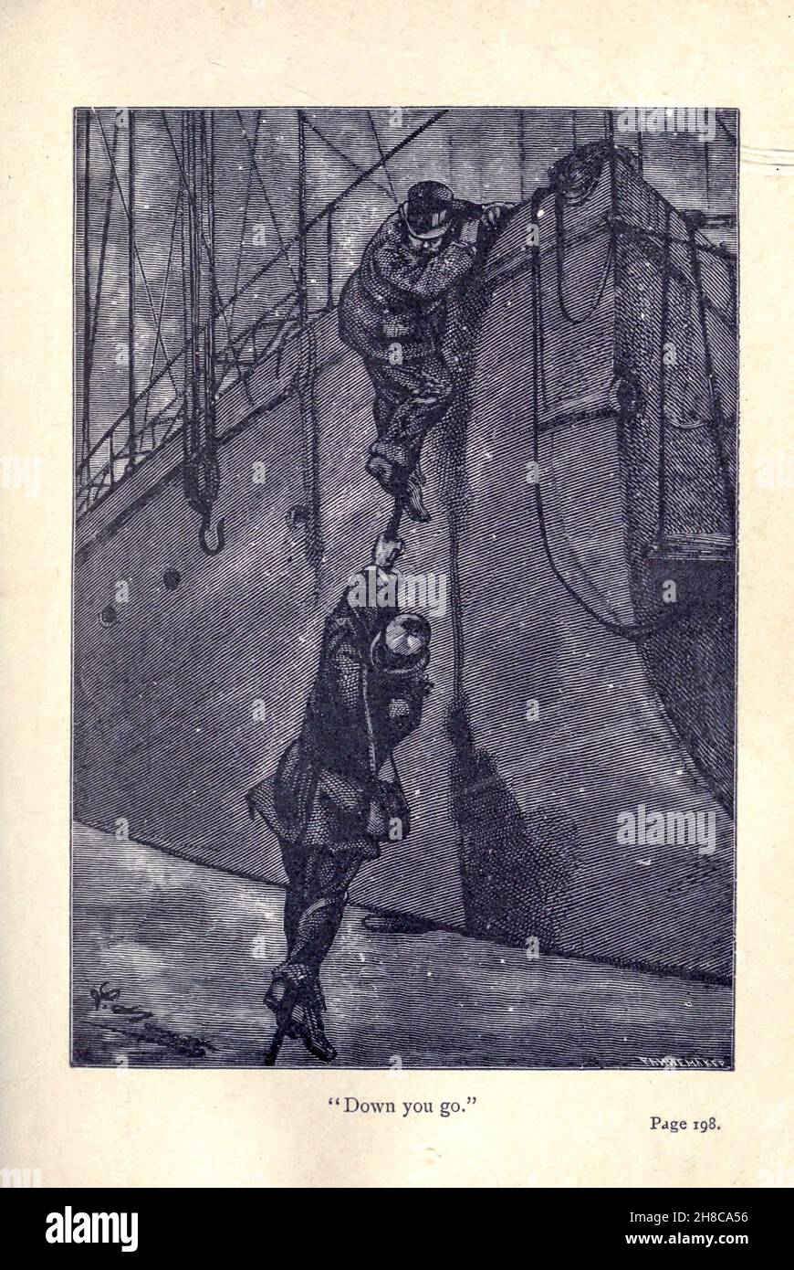 Down You Go from Robur le Conquérant est un roman de science-fiction de Jules Verne, publié en 1886.Il est également connu sous le nom de Clipper des nuages.Il a une suite, Maître du monde, qui a été publié en 1904. Banque D'Images
