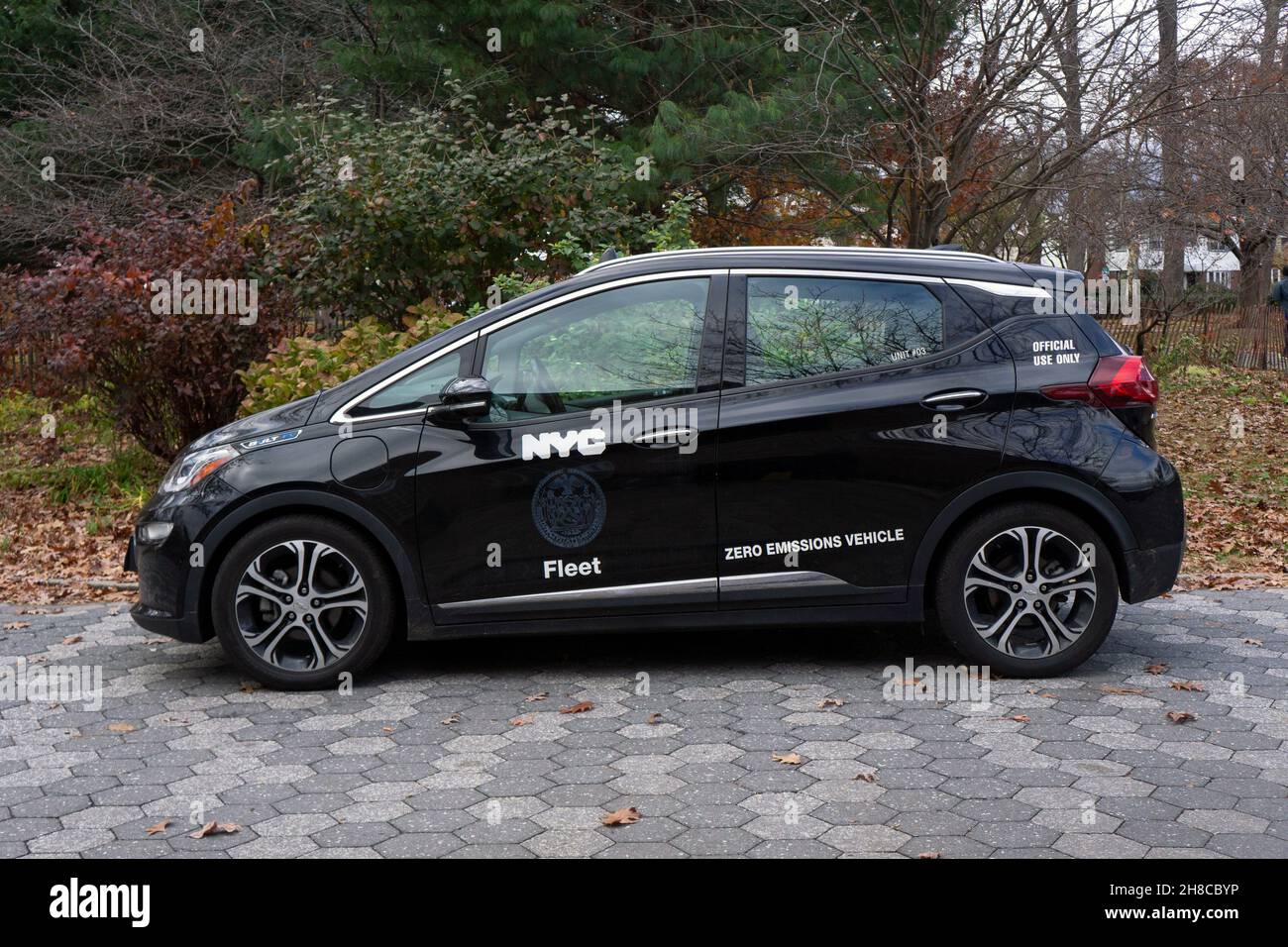Une voiture Chevrolet Bolt 4 portes à émissions nulles, qui fait partie du parc de New York.Garés dans le parc Kissena à Flushing, New York. Banque D'Images