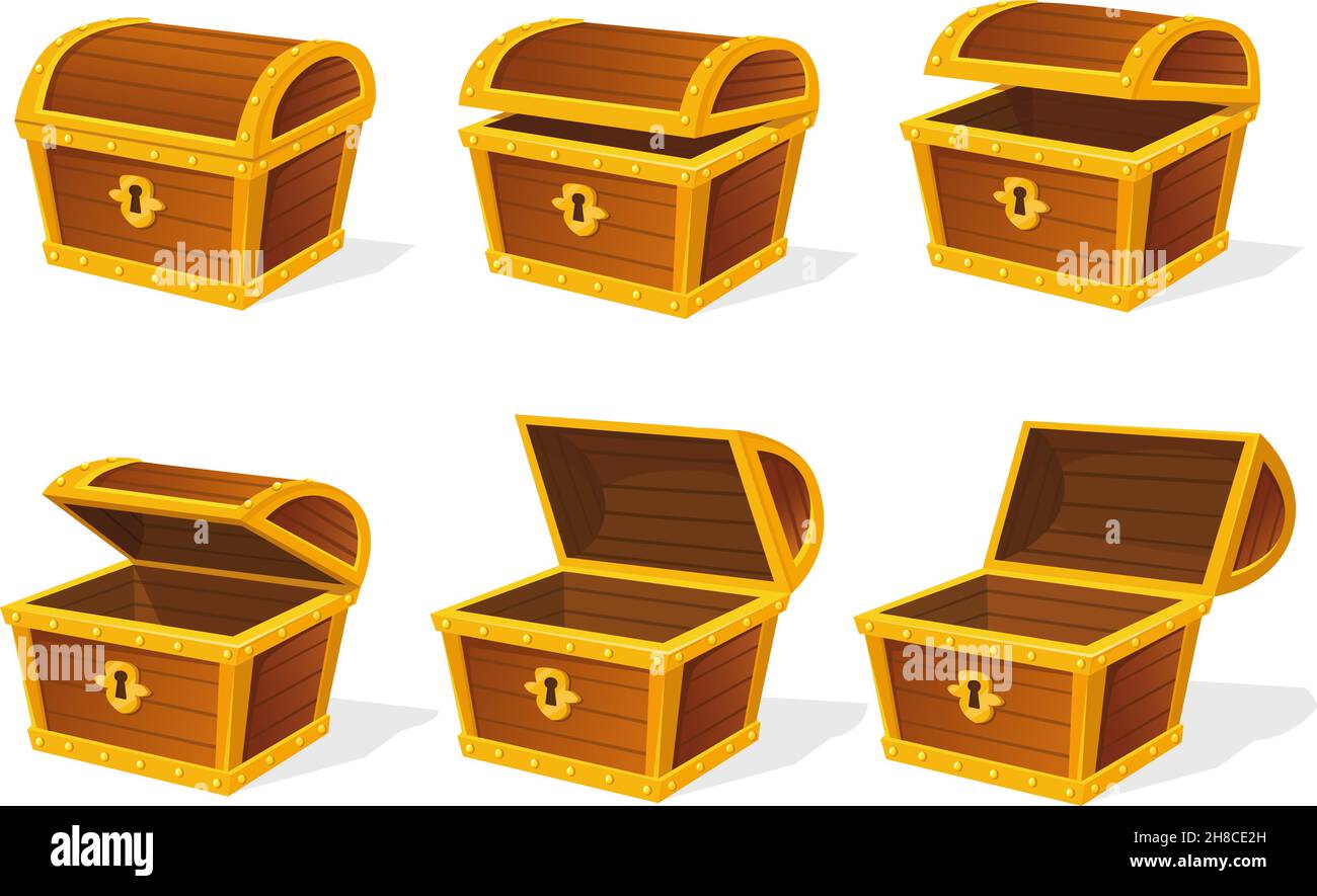 Animation thoracique.Coffre à Trésor vide, coffres en bois anciens médiévaux ouverts et fermés, trésors de pirate vieux jeu, boîtes à serrure or, icône de vecteur isolée.Illustration de la boîte thoracique ouverte et vide Illustration de Vecteur