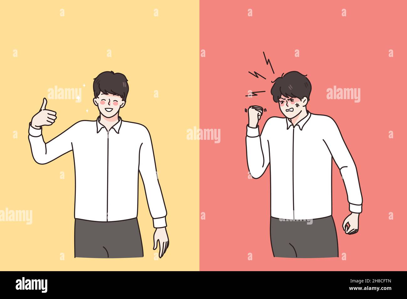 Contrastes dans l'humeur et le concept d'expression.Deux hommes avec le visage positif montrant les pouces vers le haut signe et en colère un avec le poing poussé debout vers l'autre illustration de vecteur Illustration de Vecteur