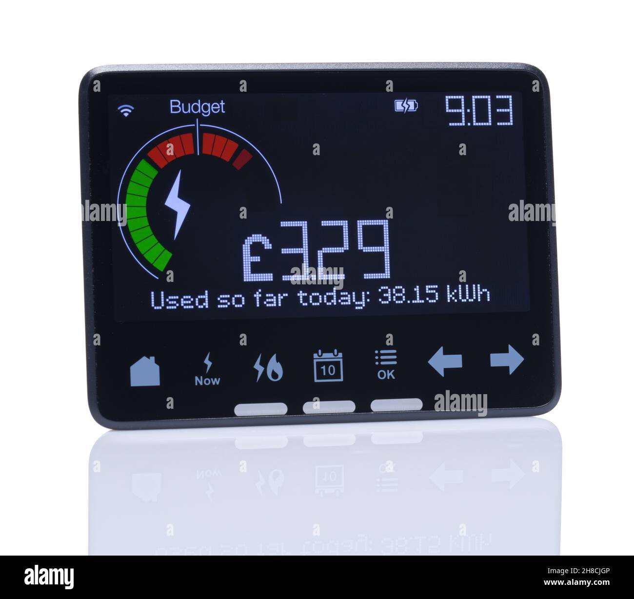 Compteur intelligent dans l'écran d'accueil ou le lecteur.Un petit écran qui montre l'électricité utilisée.Un budget quotidien peut être défini et son utilisation clairement visible. Banque D'Images