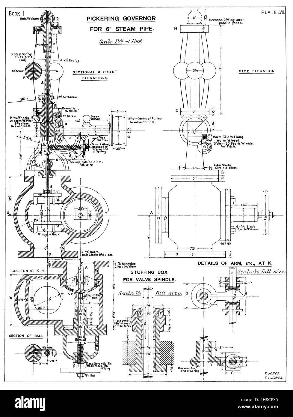 Dessin vintage d'un gouverneur de sécurité de moteur à vapeur d'un manuel édouardien sur le dessin technique Banque D'Images