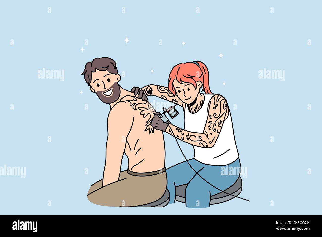Le client masculin se tattoo avec le maître féminin dans le saloon.Femme fait peinture d'art du corps pour homme client en studio.Concept de tatouage.Sous-culture et diversité.Illustration vectorielle plate. Illustration de Vecteur