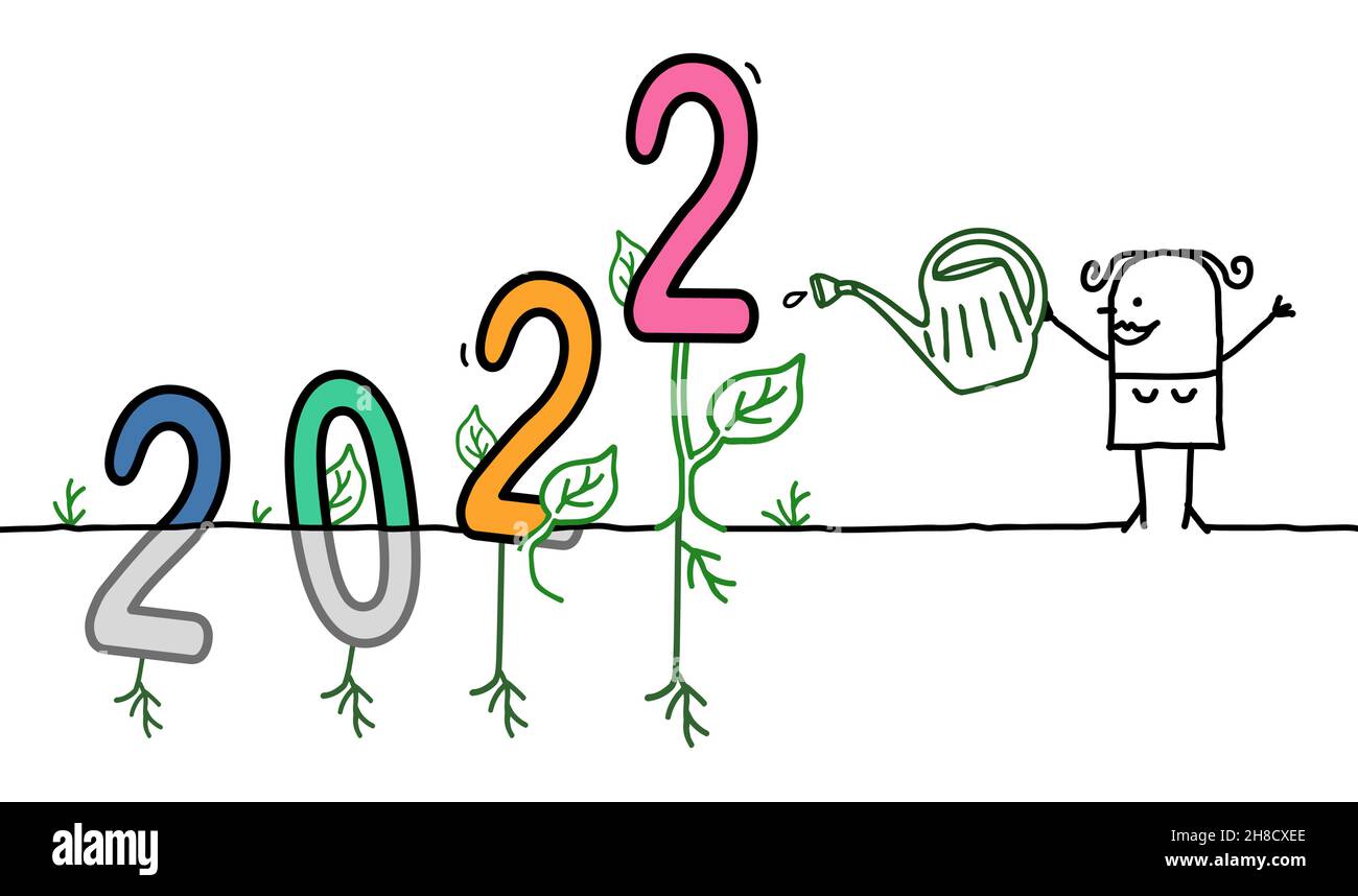 Un dessin animé à la main, une femme qui abreuvoir un grand panneau de couleur 2022 Illustration de Vecteur