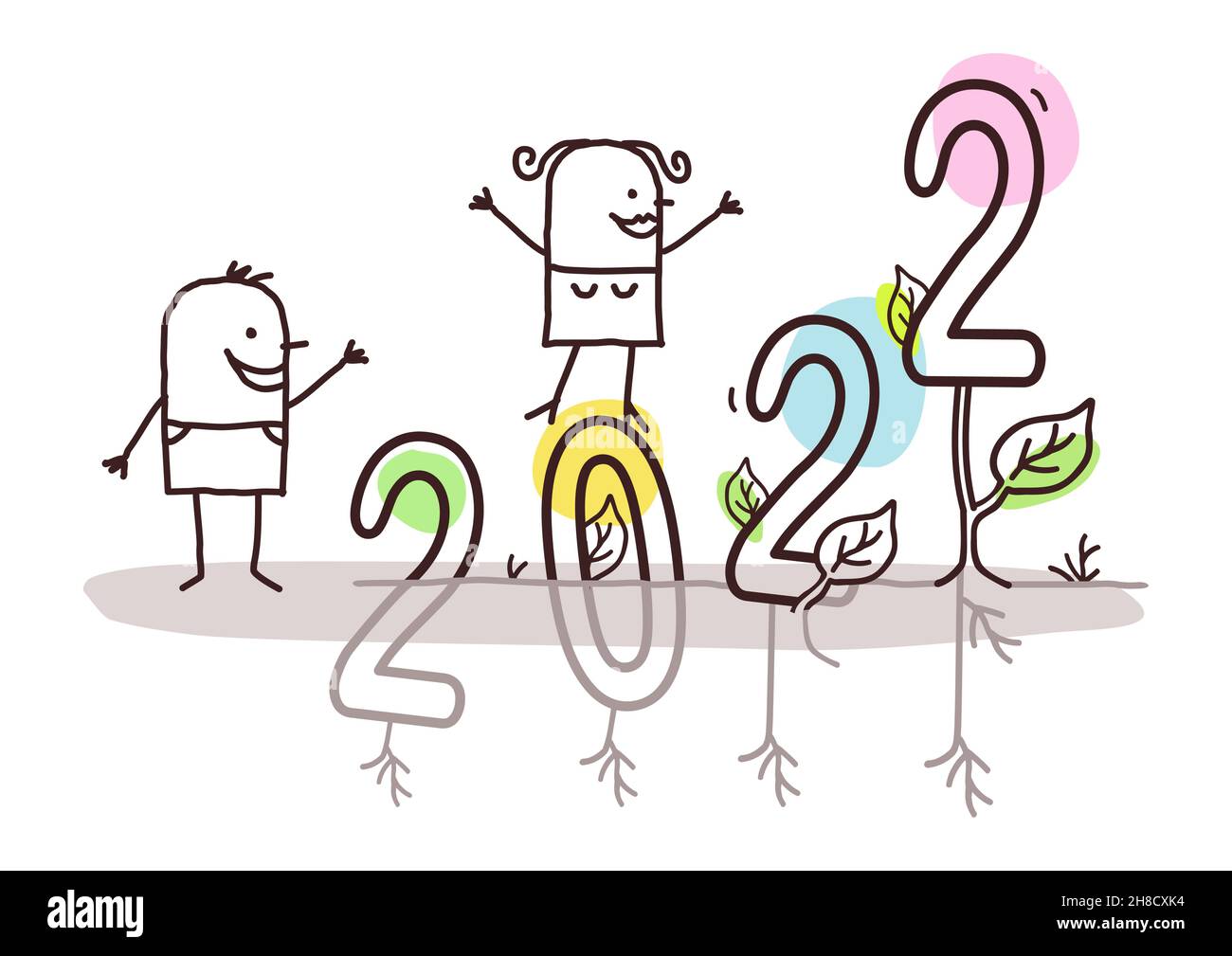 Dessin main dessin animé Homme et femme heureux avec un grand signe de croissance 2022 Illustration de Vecteur