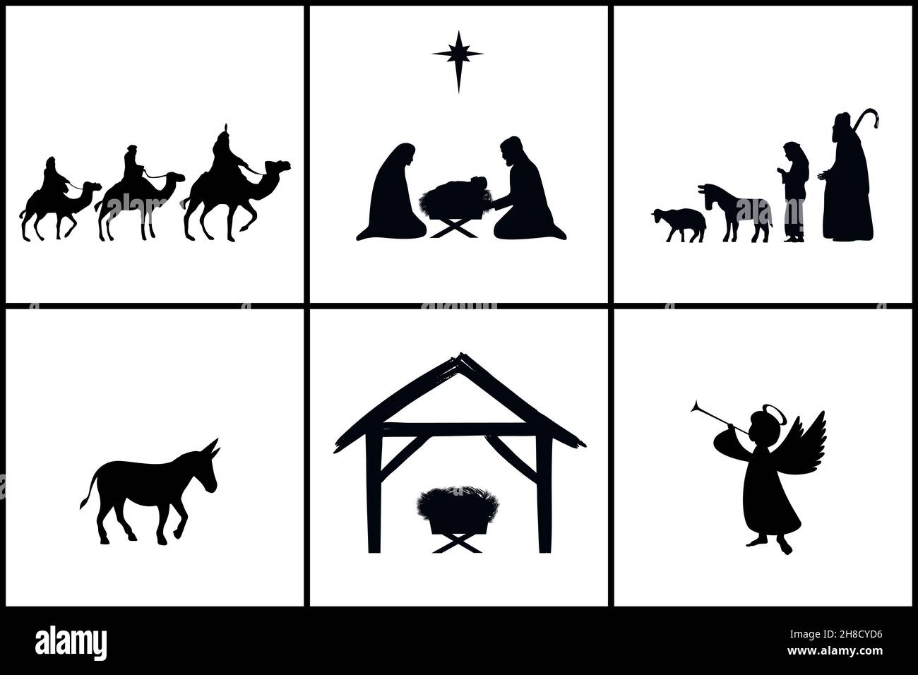 Ensemble de vacances silhouettes Noël christian Nativité.Histoire de la Bible Marie Joseph et le bébé Jésus dans un mangeur, étoile de Bethléem, trois sages, bergers Illustration de Vecteur