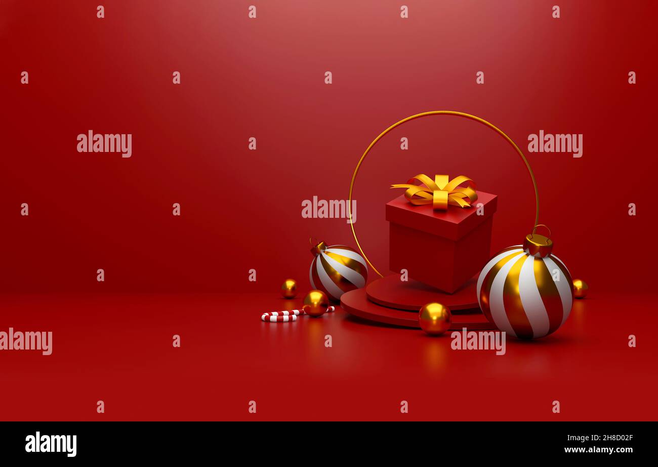 joyeux noël et nouvel an 2022 présente concept. Boîtes-cadeaux rouges et décor de Noël sur fond rouge.Illustration 3D Banque D'Images