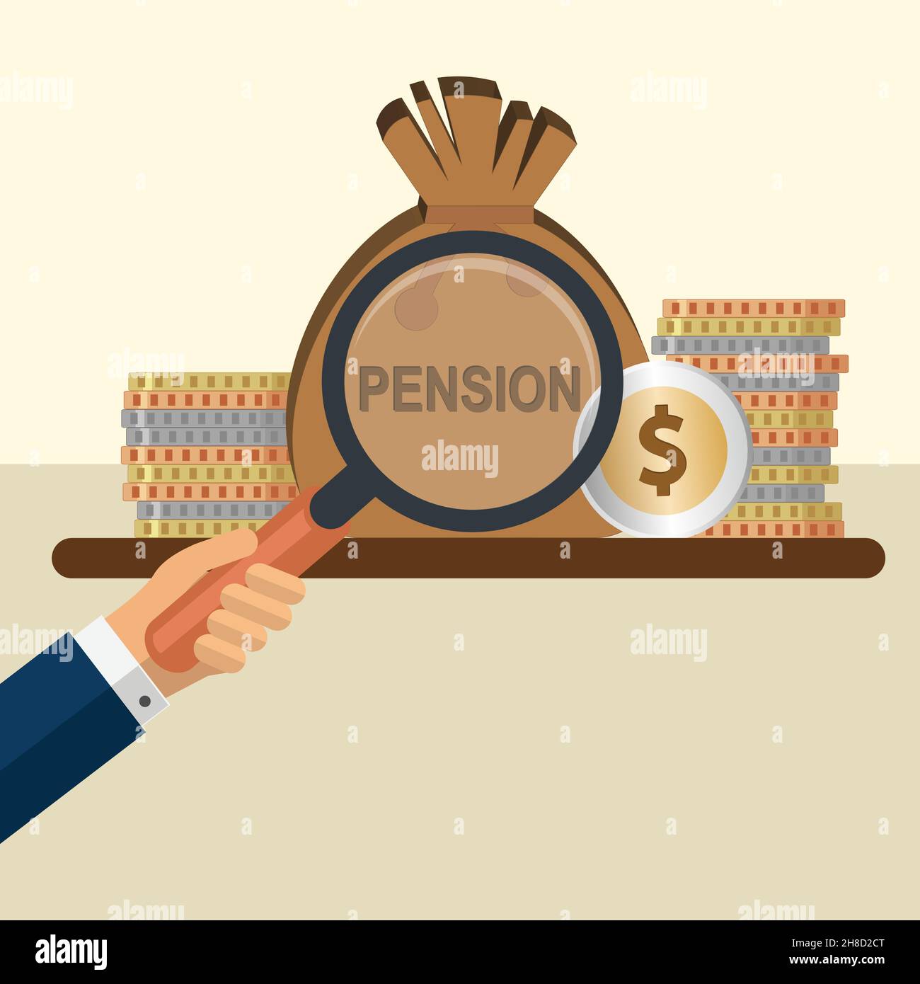 Main avec loupe devant un sac avec le texte pension Illustration de Vecteur