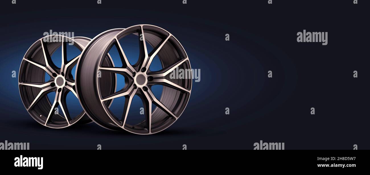 Nouvelles roues en alliage forgé. Belles roues sport avec jante forgée, photocopieuse panoramique c avec un arrière-plan noir bleuâtre. Banque D'Images