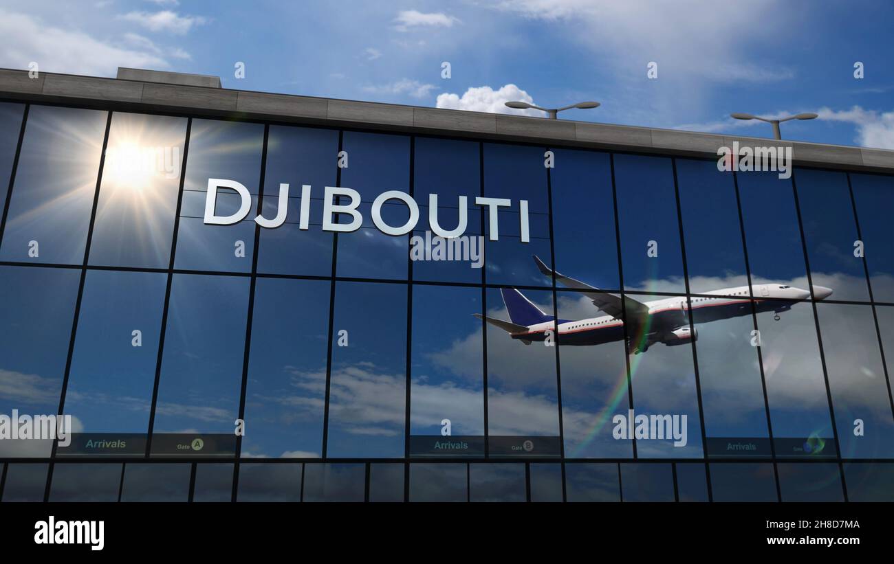 Avion atterrissage à Djibouti, illustration de rendu 3D JIBUTI.Arrivée en ville avec le terminal de verre de l'aéroport et le reflet de l'avion à réaction.Trave Banque D'Images