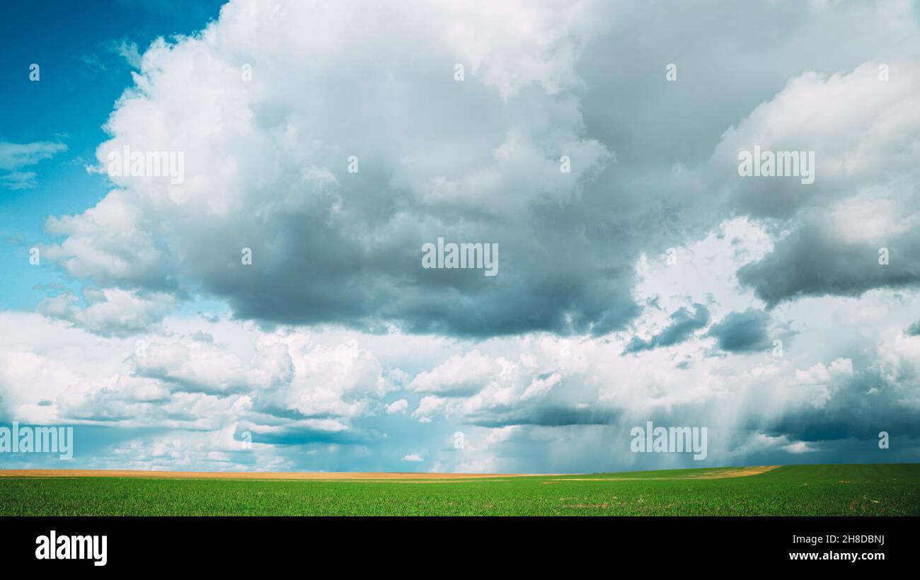 Magnifique ciel naturel et lumineux avec nuages de pluie au-dessus de la campagne Paysage rural de prairie au printemps jour nuageux. Ciel pittoresque avec Banque D'Images