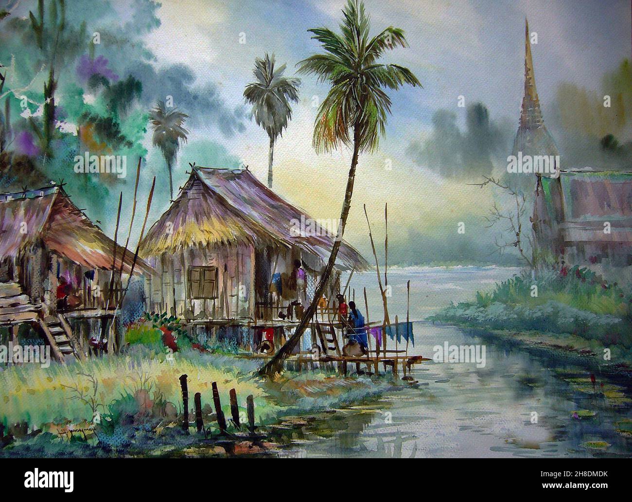 Art, peinture, aquarelle, cabane nord-est, Thaïlande, campagne Banque D'Images