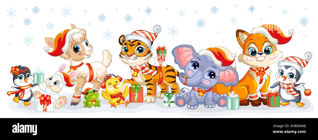 Carte de noël horizontale avec personnages animaux mignons dans des chapeaux de noël, flocons de neige sur fond blanc.Illustration vectorielle.Pour fête, impression, design Illustration de Vecteur