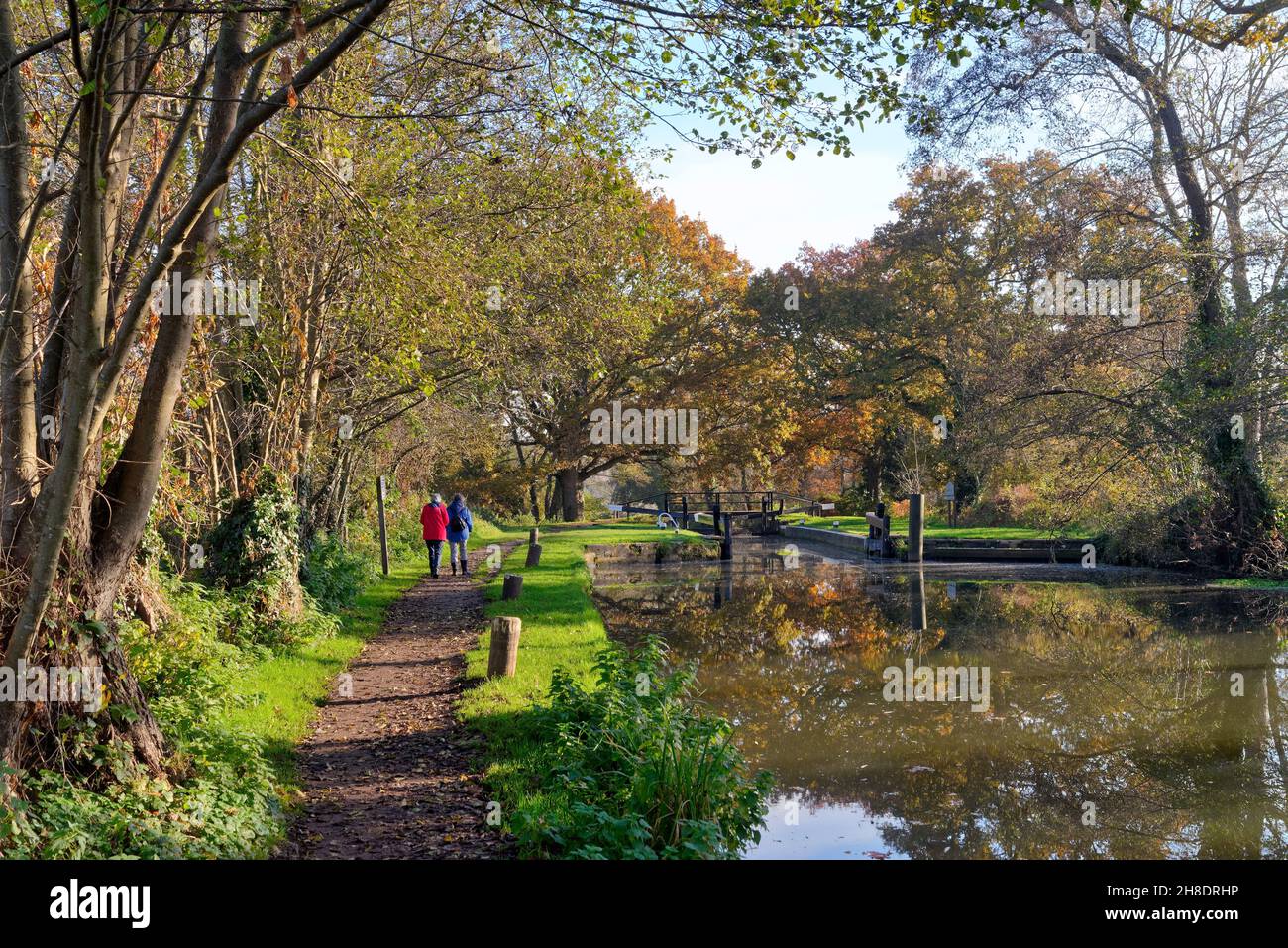 Vue arrière de deux femmes âgées marchant sur le chemin de halage par le canal de navigation de la rivière Wey vers Newark Lock lors d'un jour d'automne ensoleillé Pyrford Surrey Royaume-Uni Banque D'Images