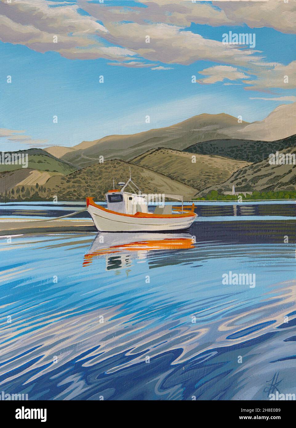 Peinture originale du bateau de pêche sur les eaux calmes de la baie d'Argostoli Kefalonia Banque D'Images