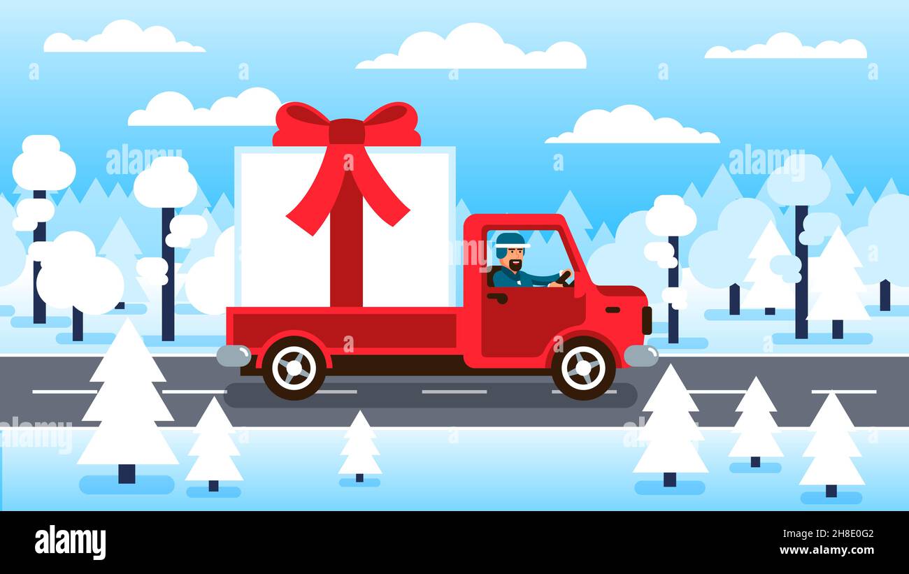 Camion transportant une grande boîte cadeau avec noeud rouge Illustration de Vecteur