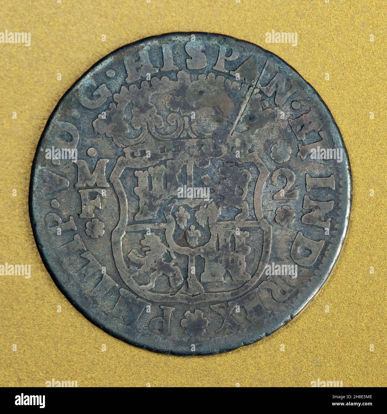 Antique 1738 deux Reales argent coin sous règle espagnole philip V Era Banque D'Images
