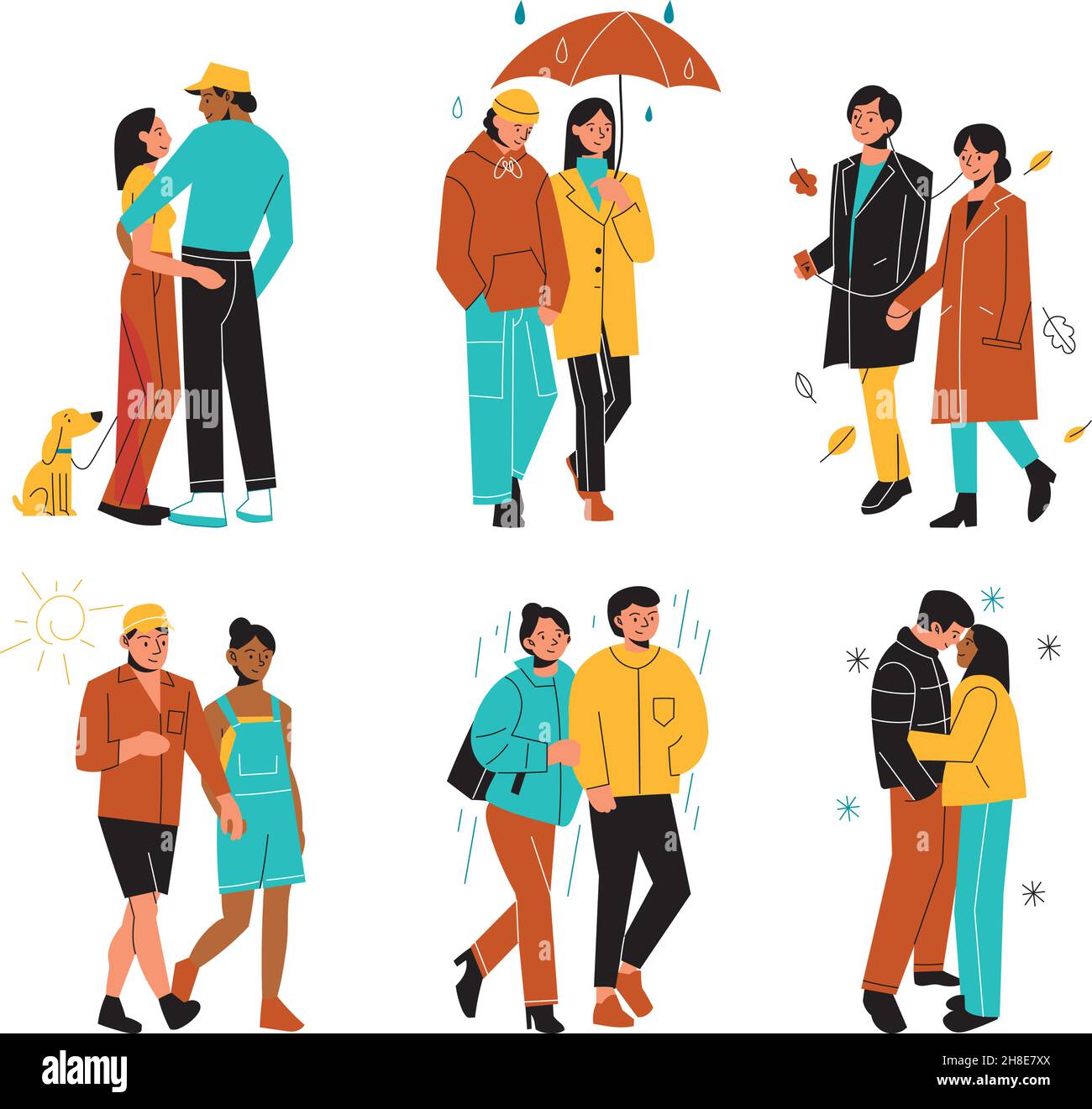 Différentes conditions météorologiques à pied.Un couple heureux marche dans des vêtements pour différentes saisons, tenues de différentes périodes de l'année, printemps et été, hiver et automne Illustration de Vecteur