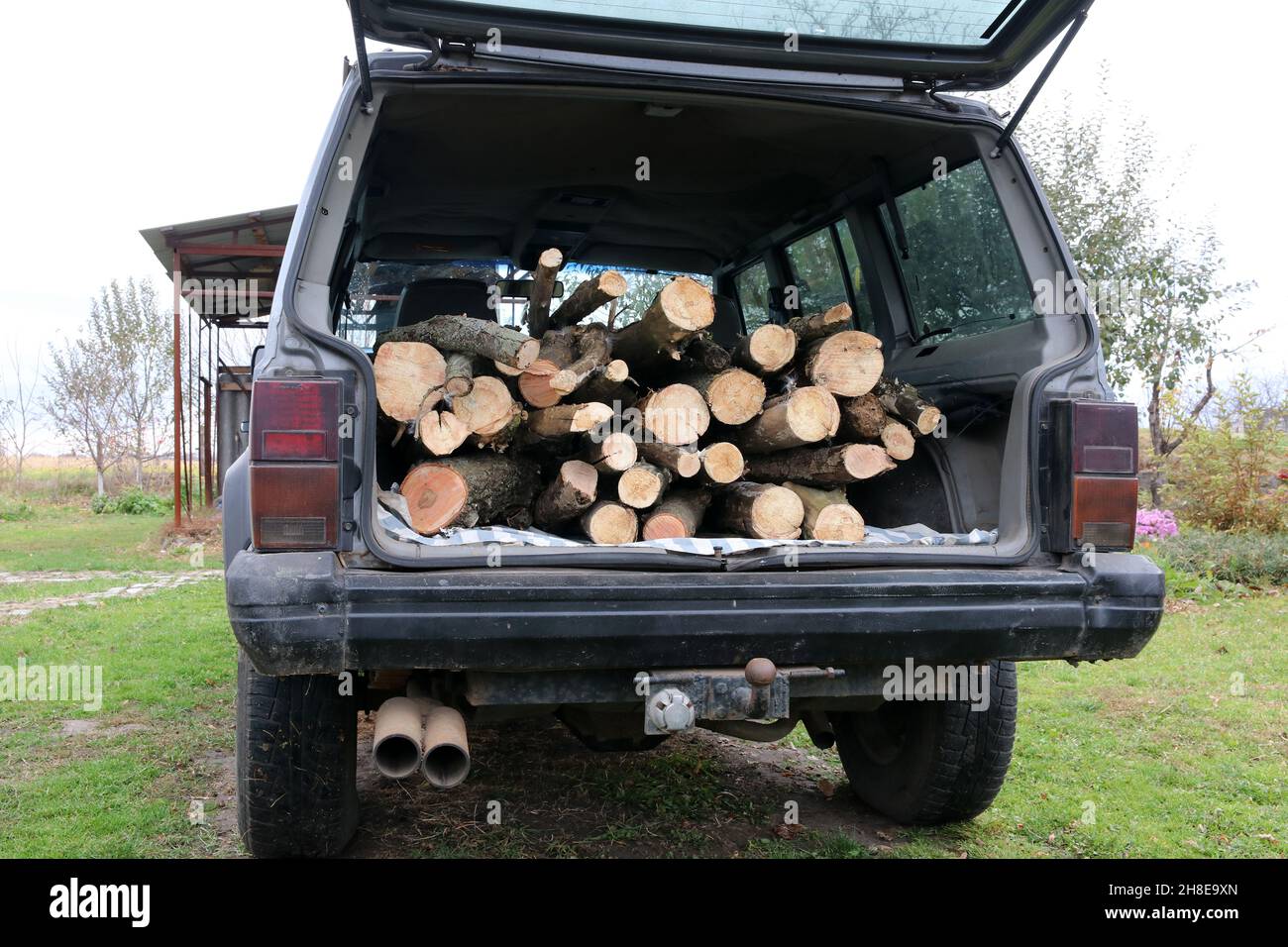 Une voiture de tourisme chargée de bois de chauffage.Préparation de bois de chauffage pour l'hiver. Banque D'Images
