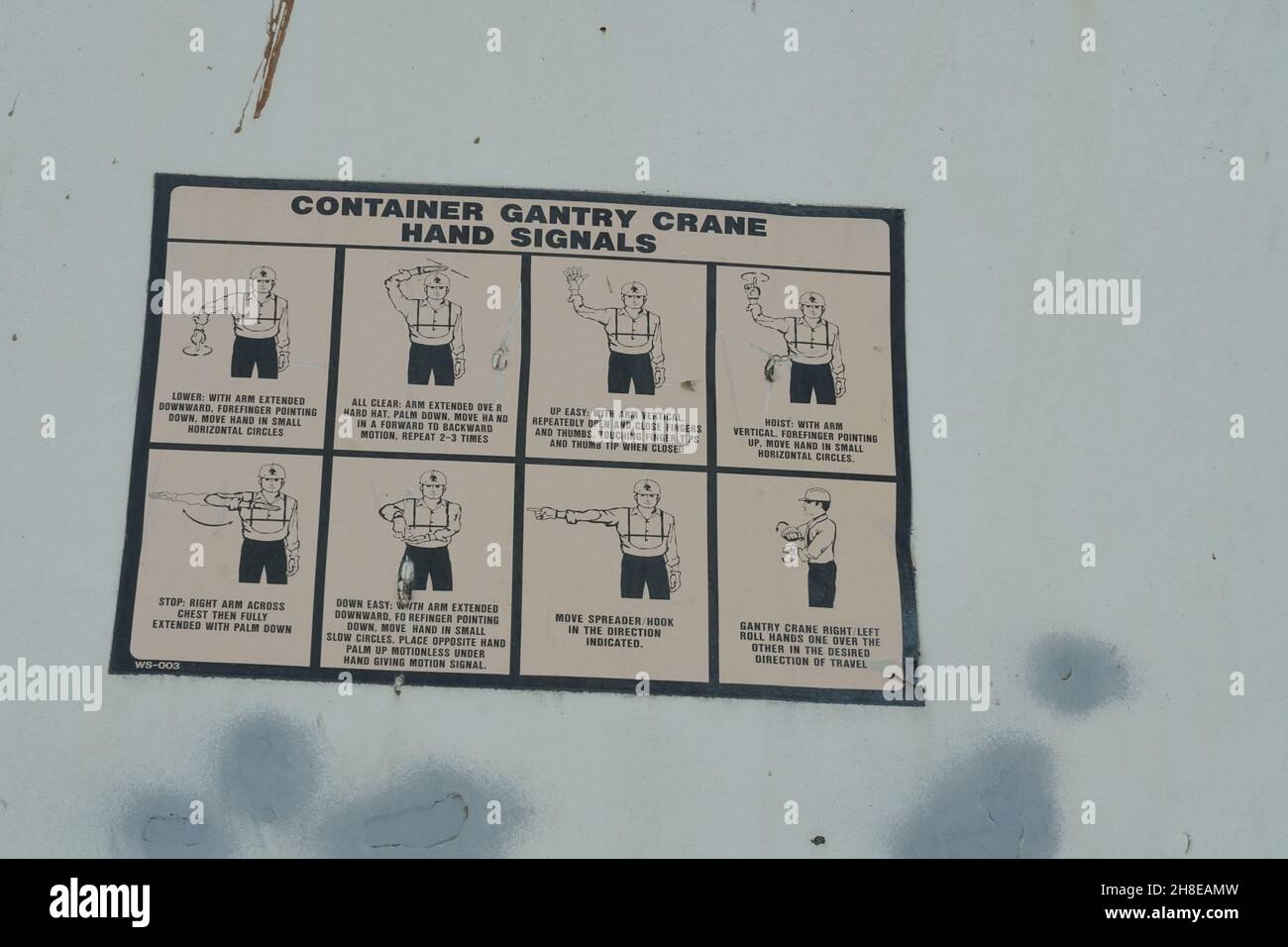 Affiche des signaux manuels de la grue du statif de conteneur fixés au cadre métallique gris de la grue du statif dans le terminal du conteneur dans le port de chargement et de déchargement. Banque D'Images