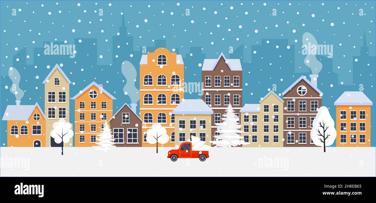 Carte de Noël avec paysage urbain, voiture enneigée et arbres de Noël.Ville de Noël. Village de Noël d'hiver. Illustration de Vecteur