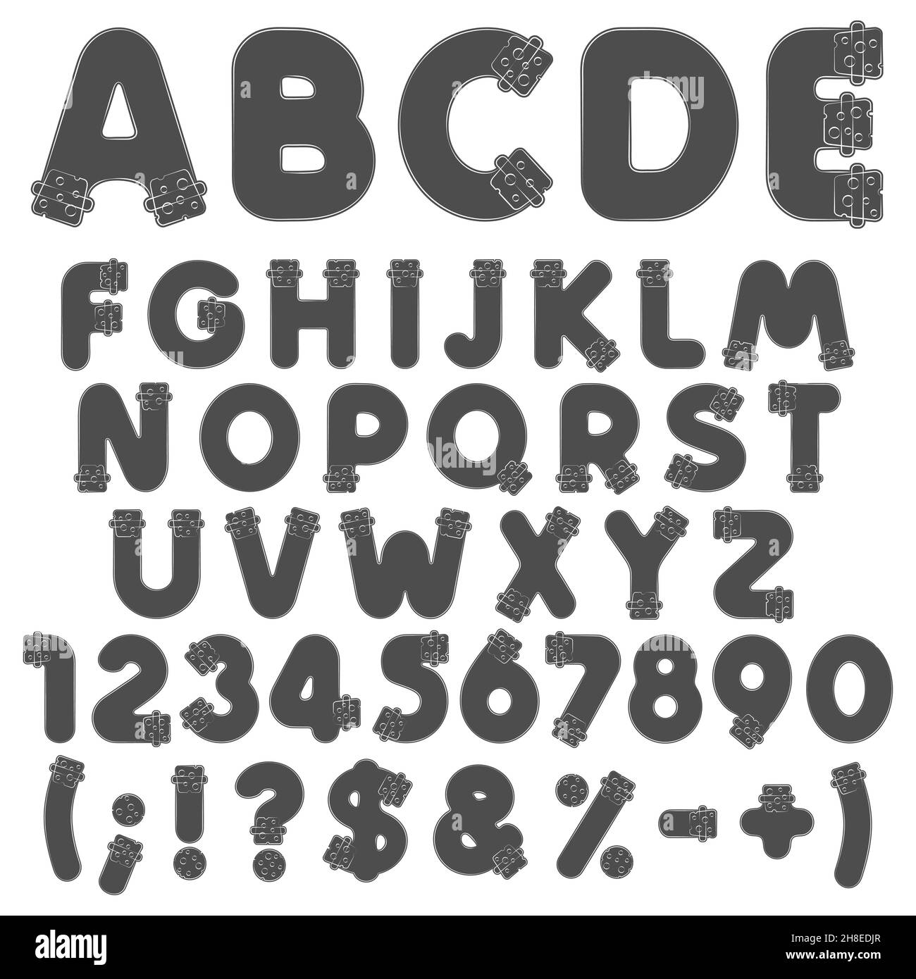 Alphabet, lettres, chiffres et symboles des flacons, tubes avec bouchons.Ensemble d'objets isolés en noir et blanc sur fond blanc. Illustration de Vecteur