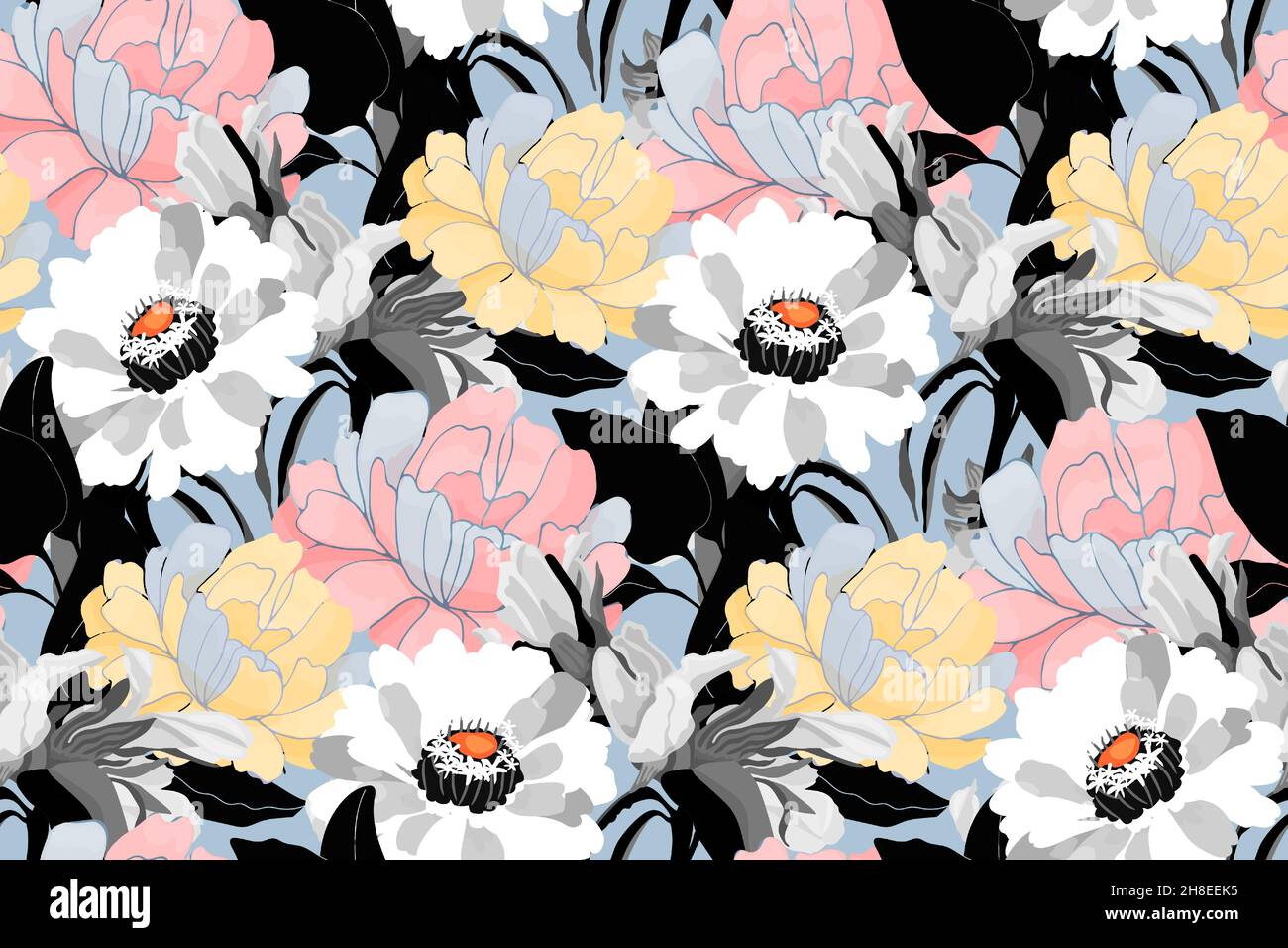 Fond sans couture à motif fleuri vectoriel.Un motif de fleurs multicolores avec des feuilles noires et bleues. Illustration de Vecteur