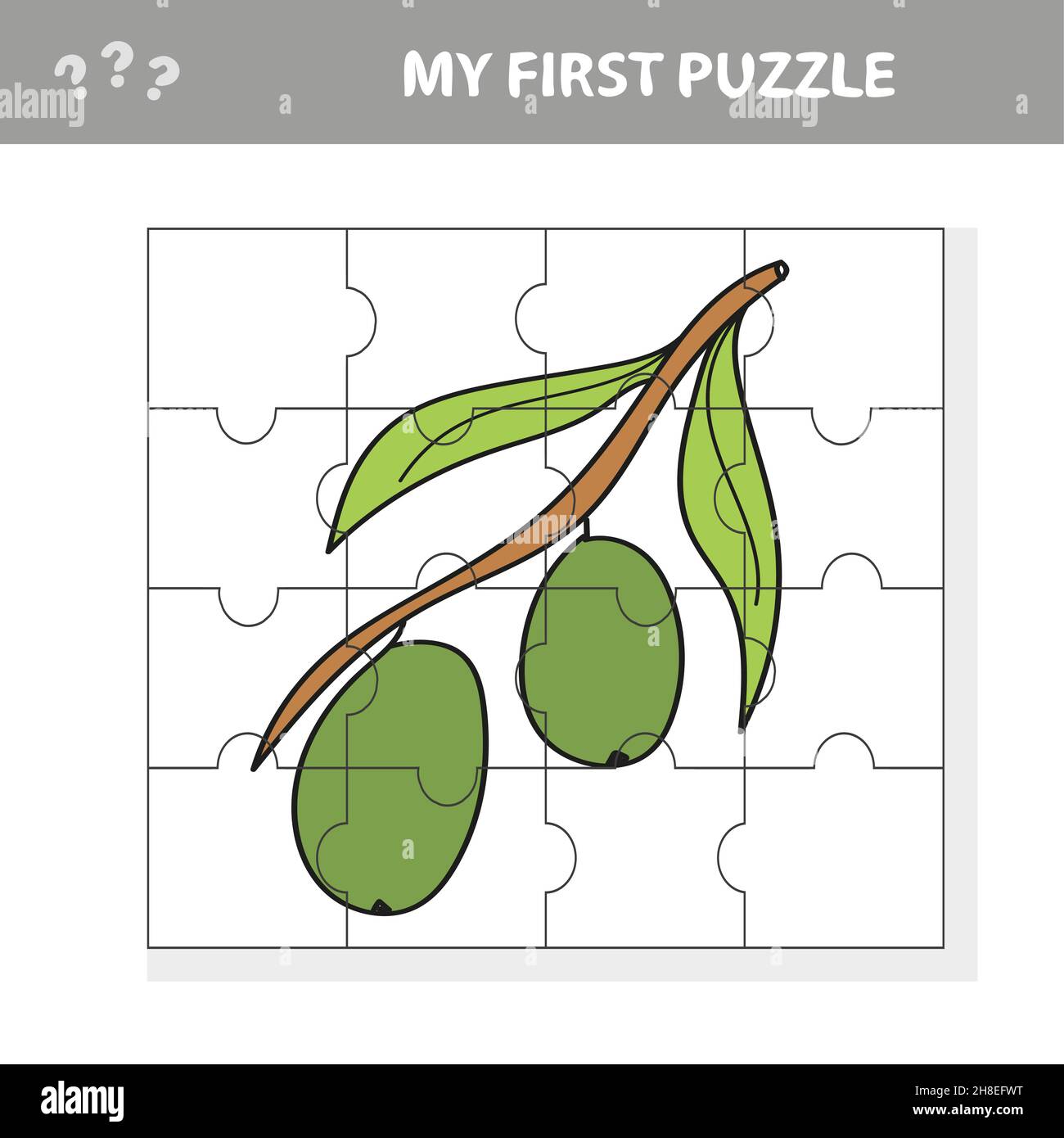 Puzzle, jeu d'éducation pour les enfants.Fruits et légumes, branche d'olives.Mon premier casse-tête Illustration de Vecteur