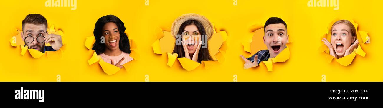 Surpris, souriant, drôle, émerveillé millennium des hommes et des femmes internationaux regardant à travers trou dans le papier jaune Banque D'Images