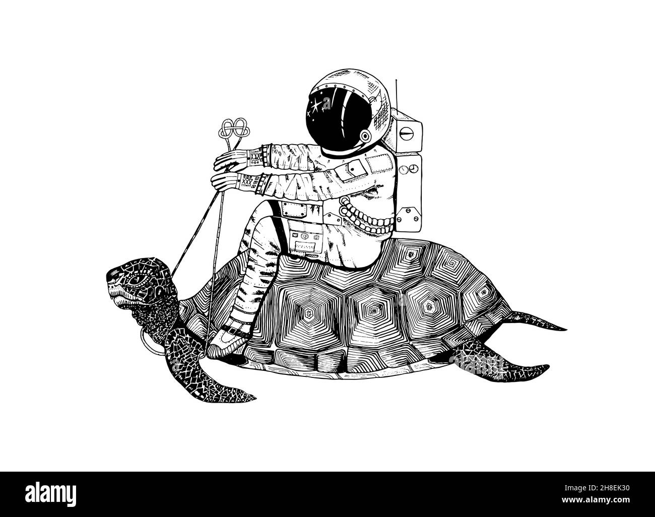 Un astronaute sur une tortue.Espace astronomique de la galaxie.Cosmonaute drôle explorez l'aventure.Gravé à la main dans l'ancienne esquisse. Illustration de Vecteur