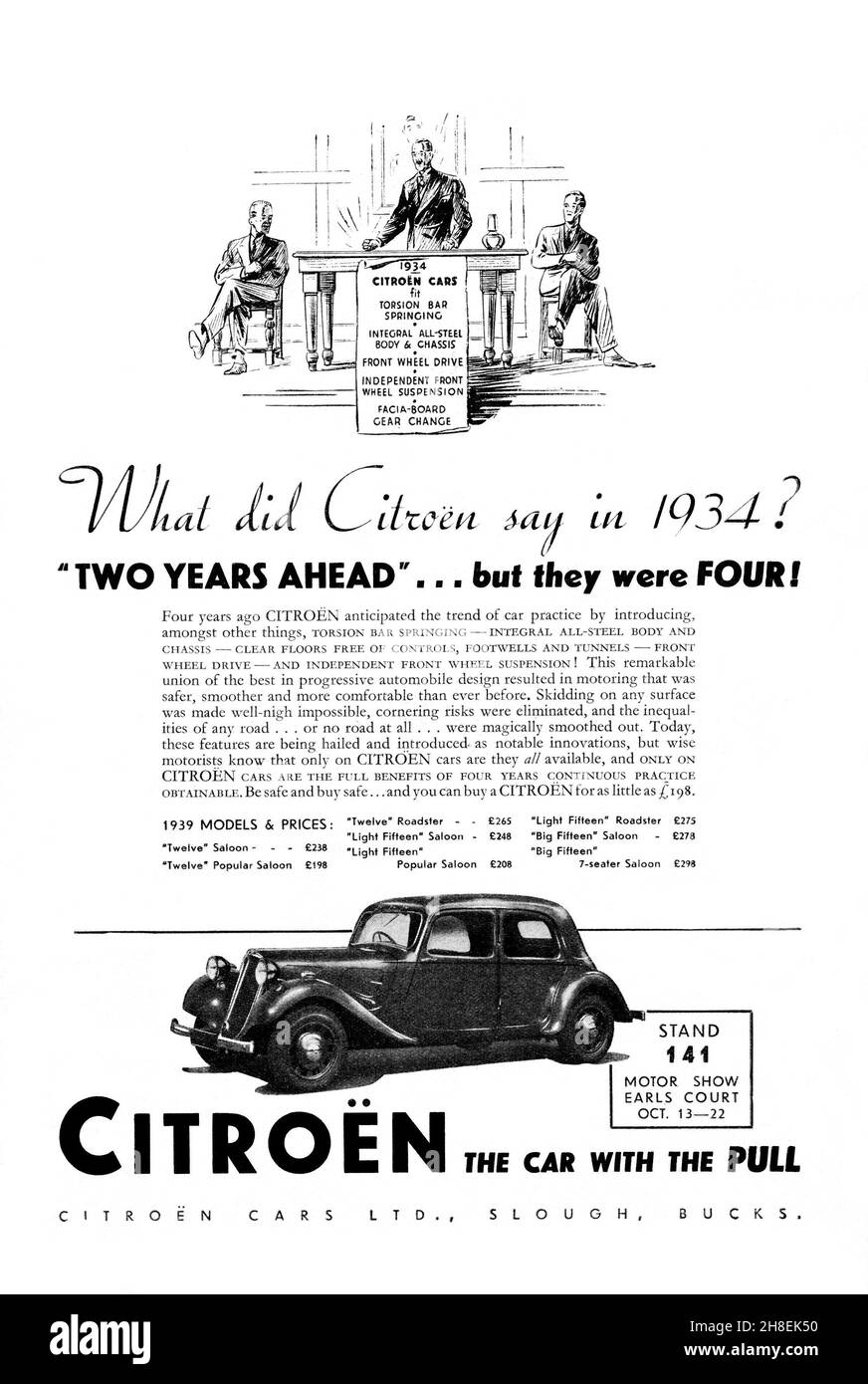 Une publicité Citroën vintage 1938 du magazine Autocar Banque D'Images