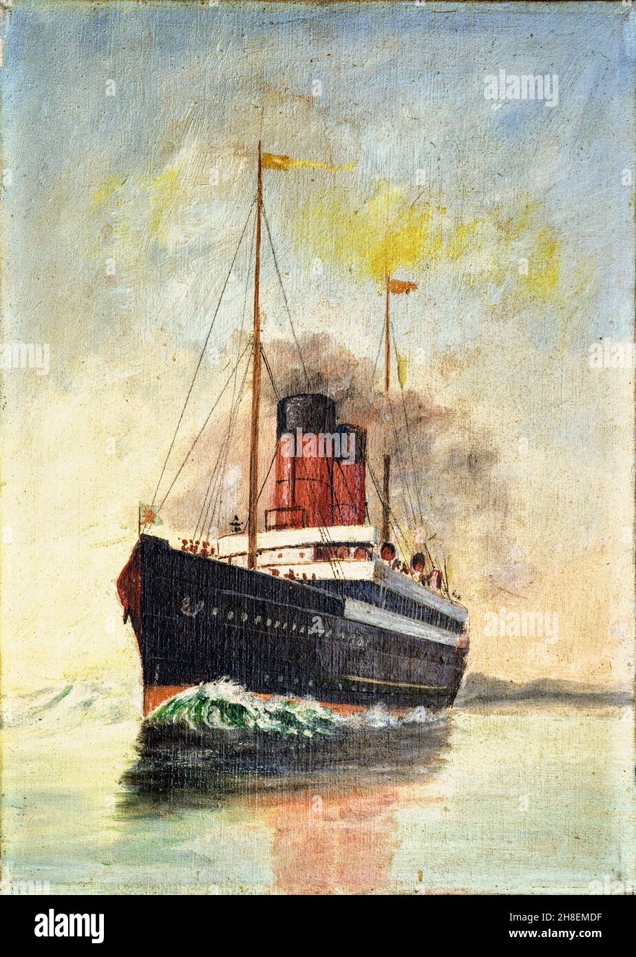 Peinture à l'huile de Ben My Chree III, île de Man SteamPacket peint vers 1910 comme le bateau a été lancé en 1908 et coulé en 1917 au large de la côte turque Banque D'Images
