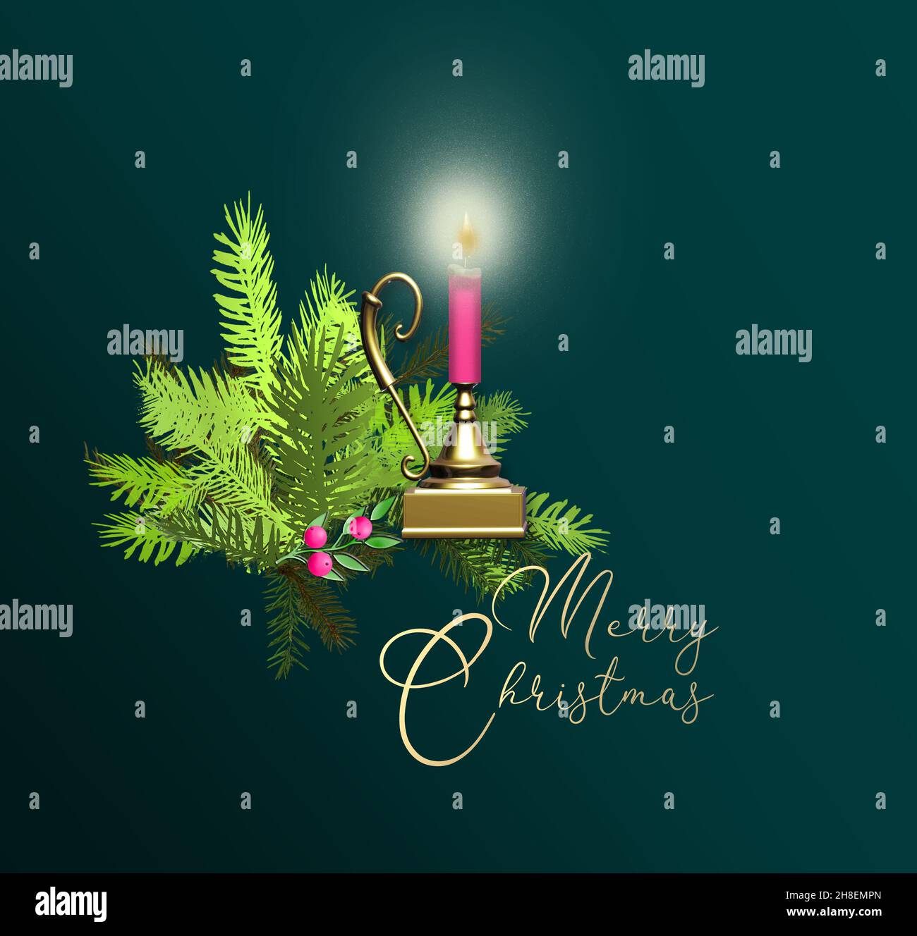 Motif Noël nouvel an. Bougie rose éclairée sur chandelier doré, branches  d'arbre de Noël, boule de Noël 3D sur vert émeraude sur reflet. Texte Joyeux  Noël. Superbe modèle de Noël. 3D rendu