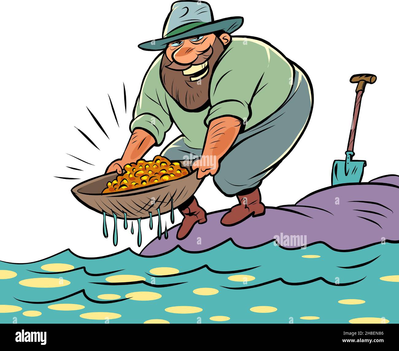 Un prospecteur lave l'or dans la rivière.Chance richesse Illustration de Vecteur