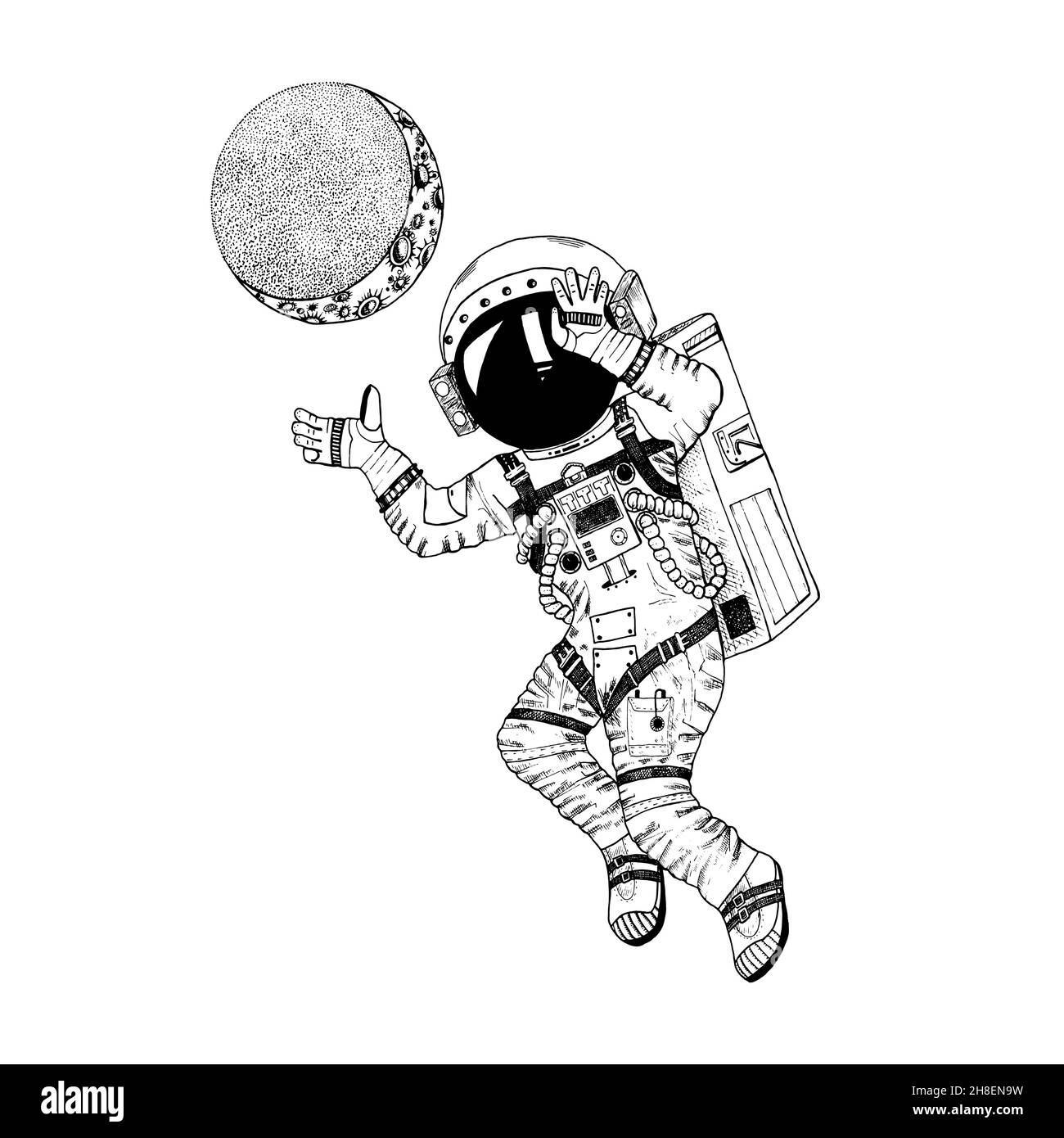 Astronaute avec lune.Espace astronomique de la galaxie.Cosmonaute drôle explorez l'aventure.Gravé à la main dans l'ancienne esquisse. Illustration de Vecteur